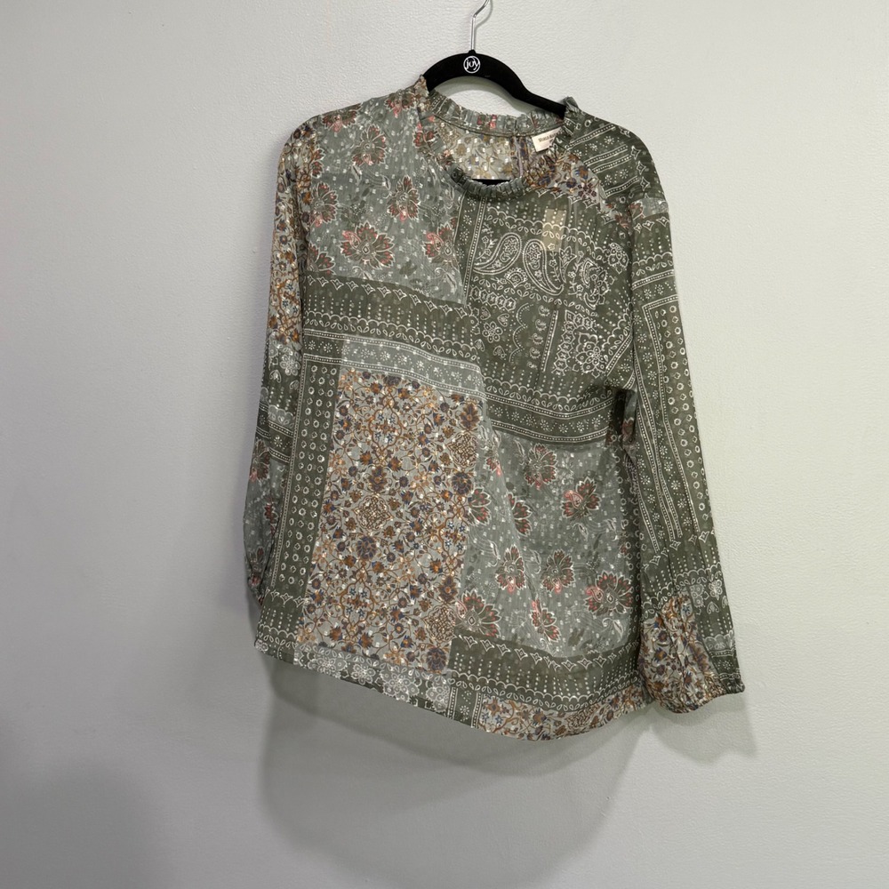 World Market Sage Green Paisley Floral‎ Patchwork Sheer Blouse L/XL NWT